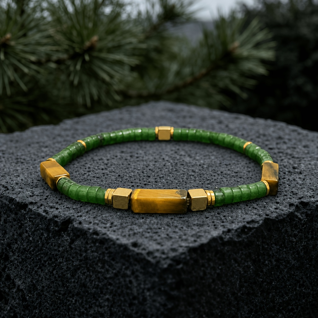 Natural Tiger's Eye & Green Tube Stone Stretch Bracelet